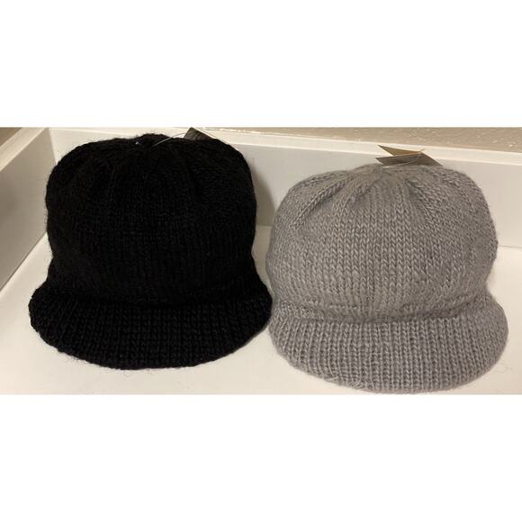 Ladies Fair Trade Handmade Nepal 100% Wool Beanie Hat Cap Set Of 2 Black Gray - Picture 2 of 9